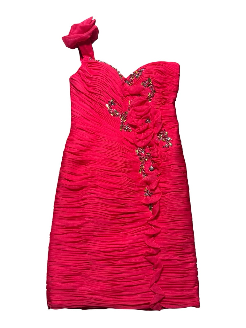 JANIQUE One-Shoulder Hot Pink Ruched Cocktail Dress 4 with Floral Applique